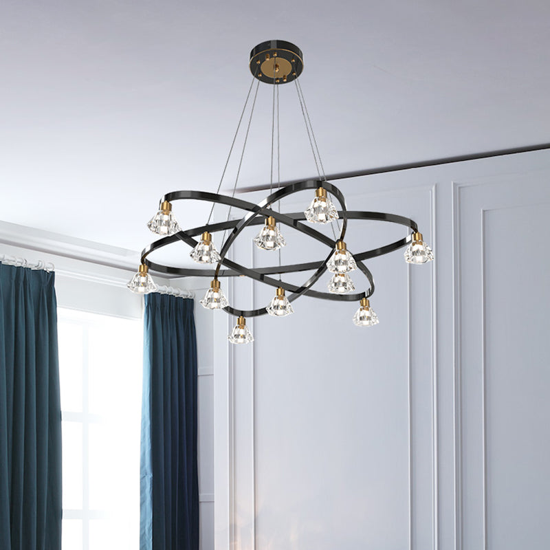 Modern Black Metal Star Chandelier Lamp with Clear Crystal Diamond Shade - 12 Bulbs Hanging Light