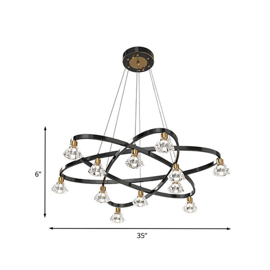 Modern Black Metal Star Chandelier Lamp With Diamond Crystal Shade - 12 Bulb Hanging Light