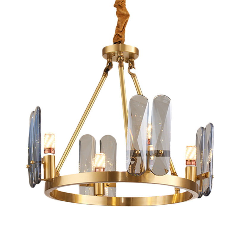 Circular Metal Brass Chandelier with 4 Modernist Heads and Oval Smoke Gray Crystal Panel