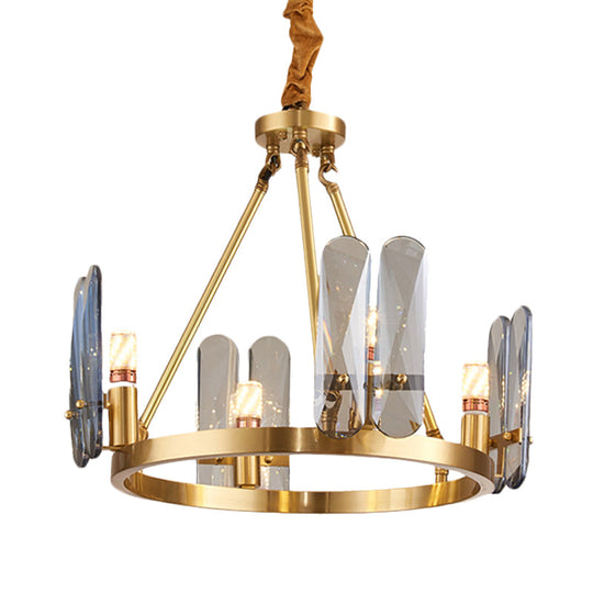 Modern Metal Brass Chandelier Pendant With 4 Circular Heads Oval Smoke Gray Crystal Panel