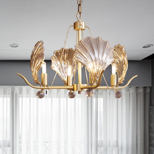 Clear Glass Shell Chandelier With 4 Bulbs And Crystal Ball In Brass Suspension