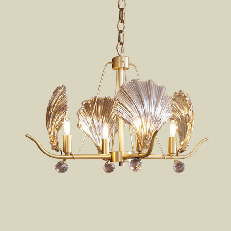 Modern Clear Glass Prismatic Chandelier - Brass Finish, 4-Bulb Hanging Light with Crystal Ball