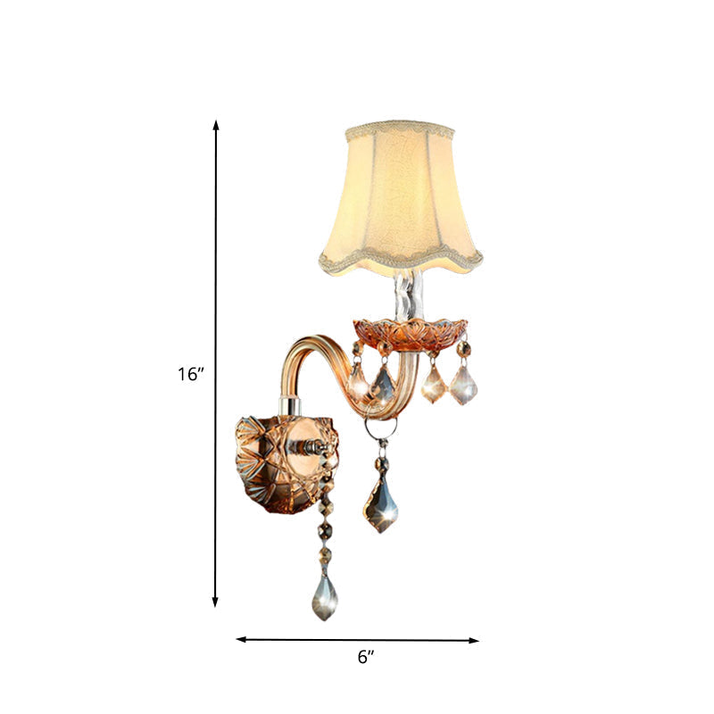 Beige Traditional Fabric Wall Sconce With Crystal Drop And Curved Glass Arm - 1 Bulb Light