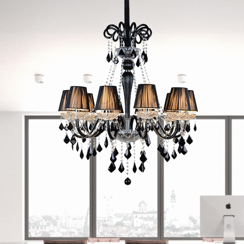 10-Bulb Fabric Ceiling Light: Traditional Tapered Chandelier Lamp With Crystal And Glass Arm