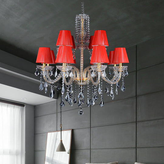 Vintage Red Cone Chandelier With Crystal Accents - 12 Head Bedroom Ceiling Lamp