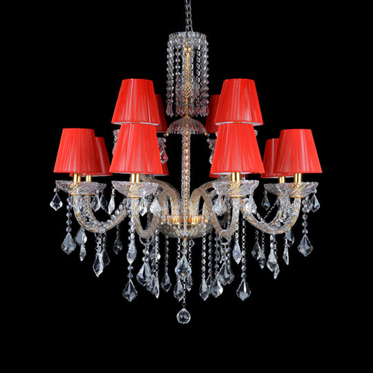 Vintage Red Cone Chandelier With Crystal Accents - 12 Head Bedroom Ceiling Lamp