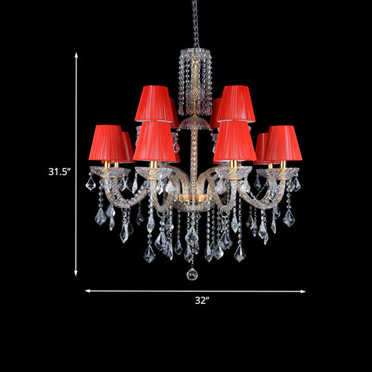 Vintage Red Cone Chandelier With Crystal Accents - 12 Head Bedroom Ceiling Lamp