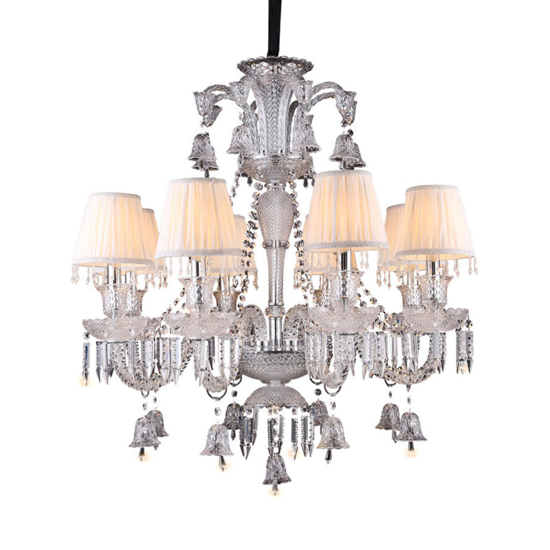 Antique White Chandelier With Pleated Shade Fabric 8-Bulb Pendant For Living Room - Curvy Glass Arm