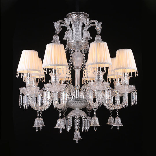 Antique White Chandelier With Pleated Shade Fabric 8-Bulb Pendant For Living Room - Curvy Glass Arm