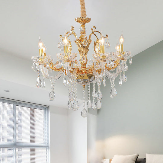 8-Head Traditional Candle Pendant Chandelier In Elegant Gold With Clear Crystal Glass Stylish