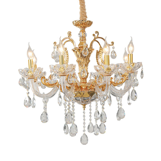 8-Head Traditional Candle Pendant Chandelier In Elegant Gold With Clear Crystal Glass Stylish