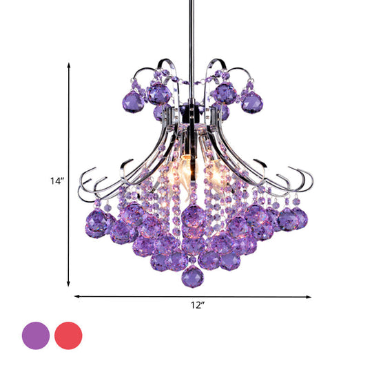 Traditionalist Raindrop Purple/Red Crystal Ball Chandelier Pendant Light With Chrome Down Lighting -