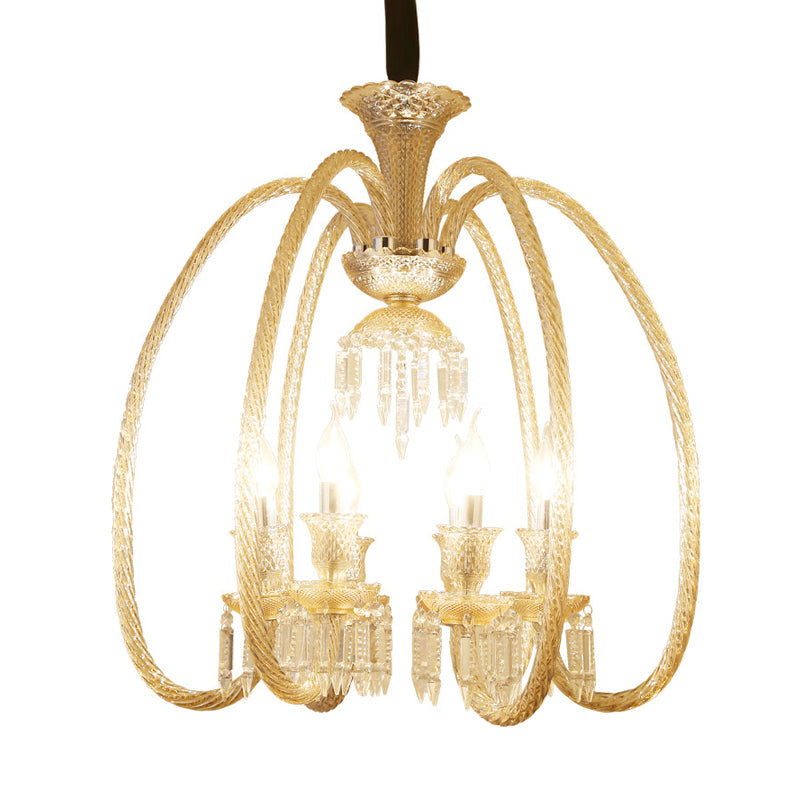 Antique Chandelier For Living Room Pendant - 6/8 Heads Curving Cognac Glass Arm & Clear Crystal