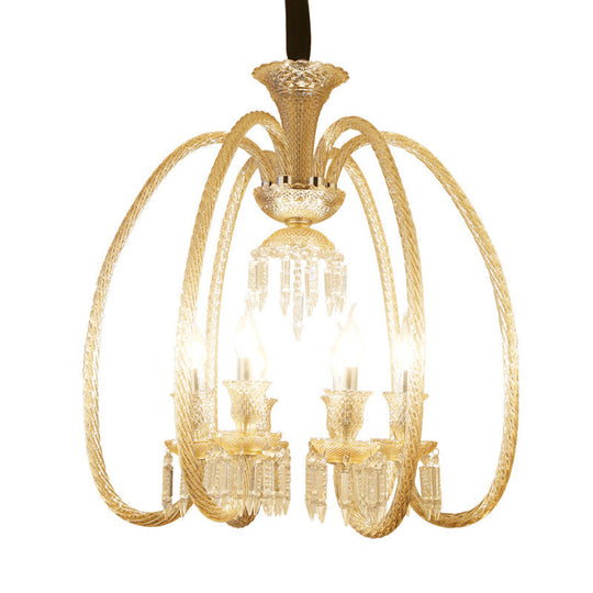 Antique Chandelier For Living Room Pendant - 6/8 Heads Curving Cognac Glass Arm & Clear Crystal