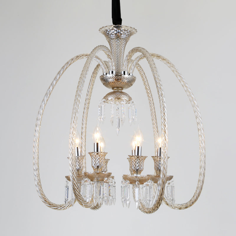 Antique Chandelier For Living Room Pendant - 6/8 Heads Curving Cognac Glass Arm & Clear Crystal