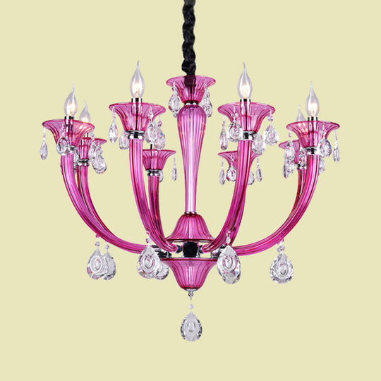 Modern Red Glass Candlestick Chandelier - 8-Light Chrome Pendant With Crystal Draping For Living