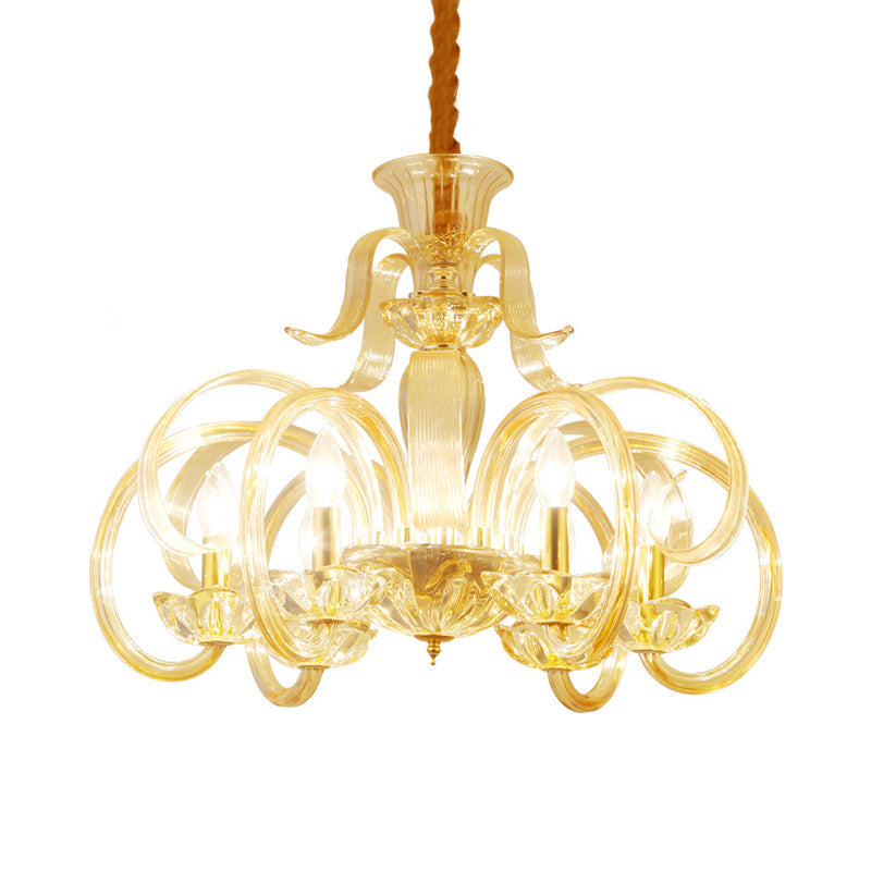 Traditional Amber Glass Candle Chandelier - 6-Bulb Living Room Hanging Lamp With Curved Arm