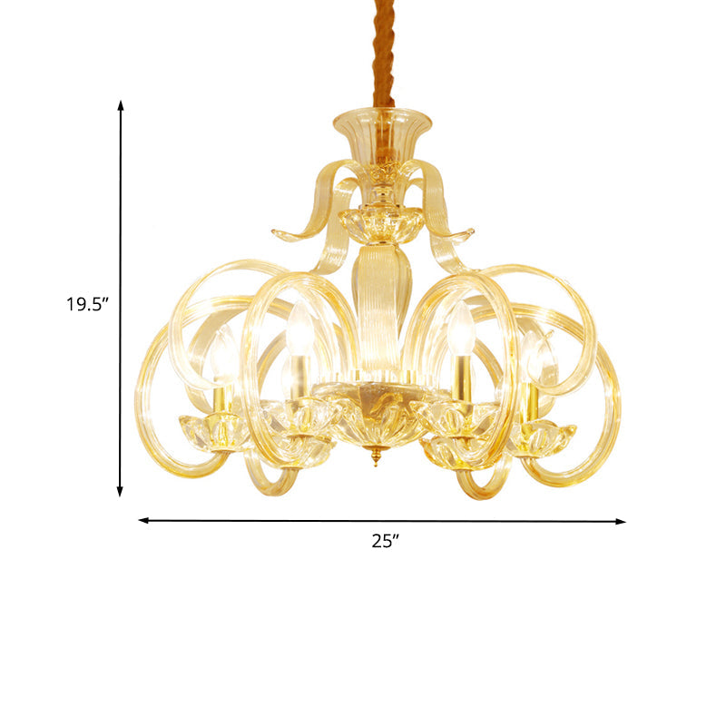 Traditional Amber Glass Candle Chandelier - 6-Bulb Living Room Hanging Lamp With Curved Arm