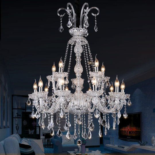 Retro 15-Bulb Clear Glass Candelabra Chandelier With Crystal Drop - Living Room Suspension Light