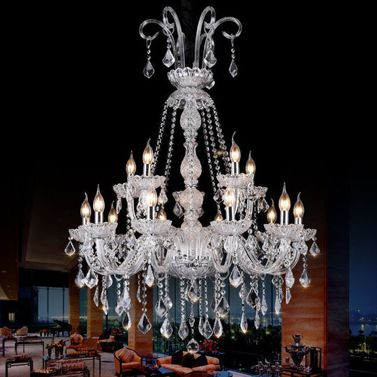 Retro 15-Bulb Clear Glass Candelabra Chandelier With Crystal Drop - Living Room Suspension Light