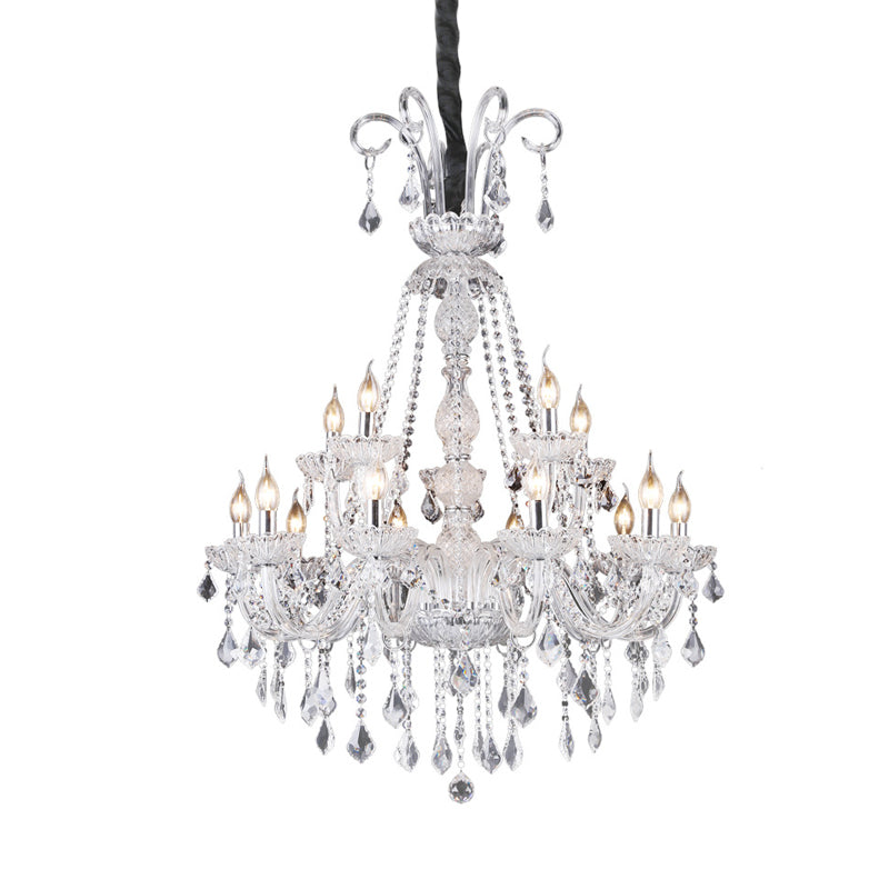 Retro 15-Bulb Clear Glass Candelabra Chandelier With Crystal Drop - Living Room Suspension Light