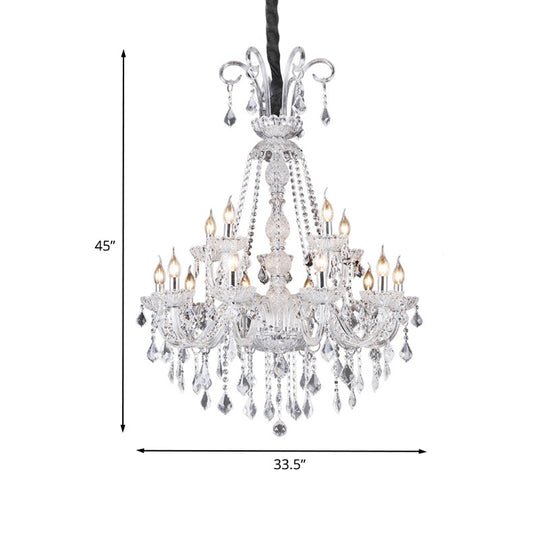 Retro 15-Bulb Clear Glass Candelabra Chandelier With Crystal Drop - Living Room Suspension Light