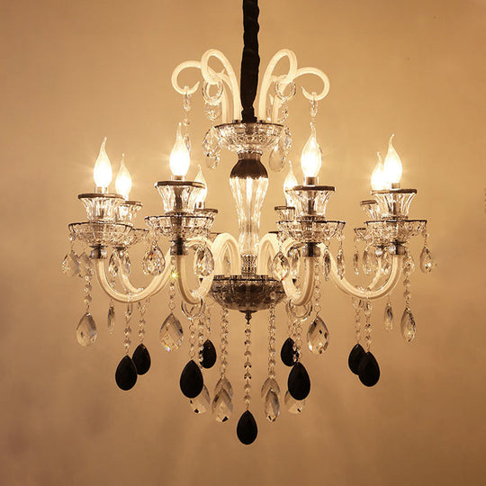 10-Light Vintage Candlestick Chandelier With Clear And Black Crystal Pendant Glass Arms