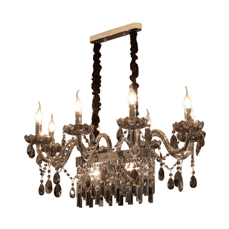 8-Light Island Pendant - Traditional Candelabra Style Smoke Gray Crystal Suspension Lighting With