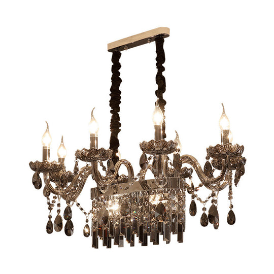 8-Light Island Pendant - Traditional Candelabra Style Smoke Gray Crystal Suspension Lighting With