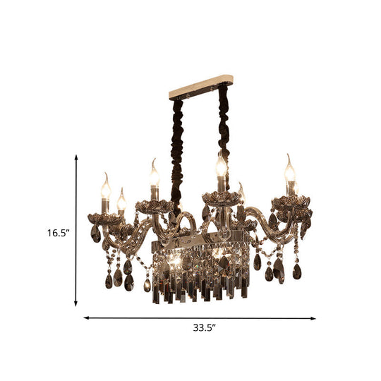 8-Light Island Pendant - Traditional Candelabra Style Smoke Gray Crystal Suspension Lighting With