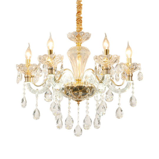 Vintage Gold Candelabra Crystal Chandelier - 6 Lights Clear Glass Shade Dining Room Pendant