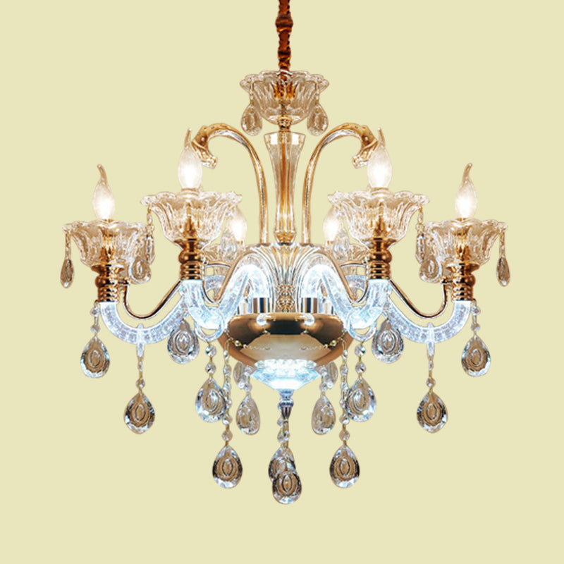 Vintage Clear Crystal Candle Chandelier - Elegant 6 Bulb Dining Room Hanging Lamp With Glass Shade