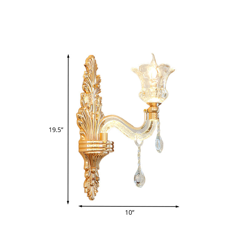 Gold Glass Sconce Light - Traditional Wall Mounted Lamp With Bubble Crystal Luminous Arm