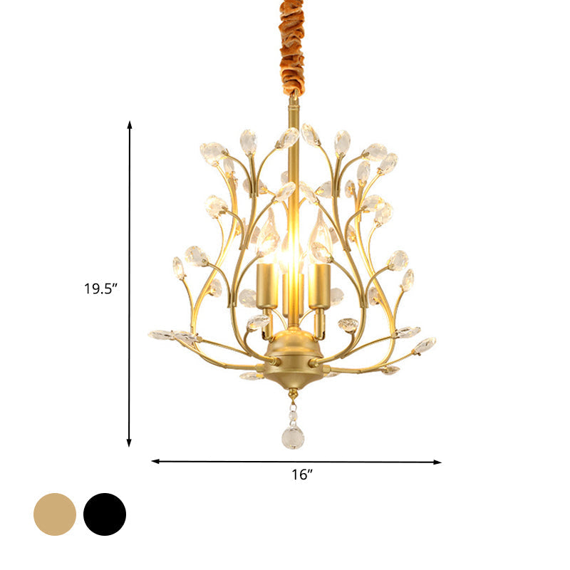 Contemporary K9 Crystal Branch Chandelier - 3-Lights Pendant Lamp for Dining Room - Black/Gold