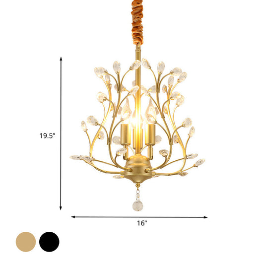 Contemporary K9 Crystal Branch Chandelier - 3-Lights Pendant Lamp for Dining Room - Black/Gold