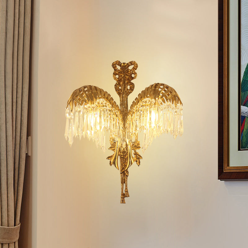 Vintage Brass Wall Sconce With Clear Crystal Drop - Metal Leaf Shape Lighting Fixture