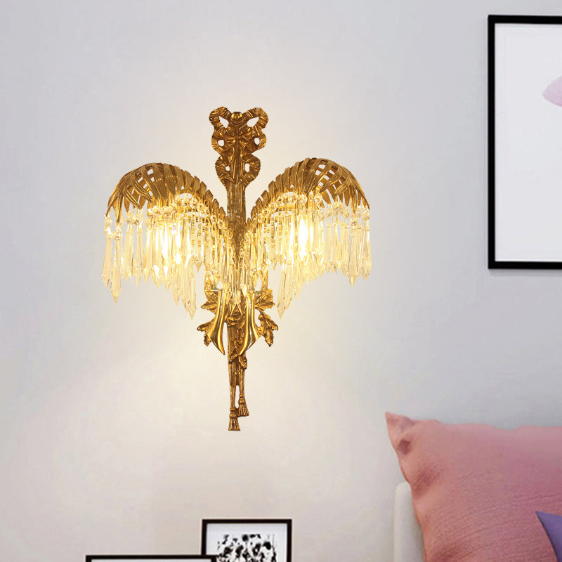 Vintage Brass Wall Sconce With Clear Crystal Drop - Metal Leaf Shape Lighting Fixture