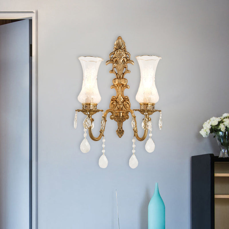 Vintage Clear Glass Vase Wall Sconce Light With Brass Frame & Crystal Décor - 2 Bulbs Ideal For