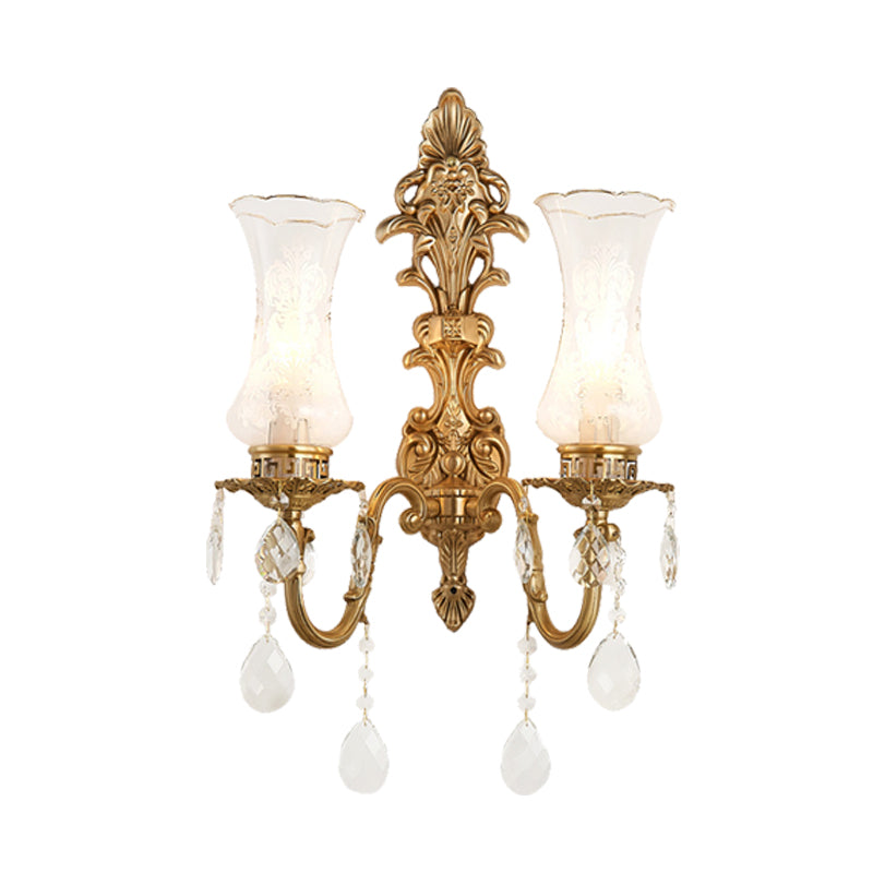 Vintage Clear Glass Vase Wall Sconce Light With Brass Frame & Crystal Décor - 2 Bulbs Ideal For