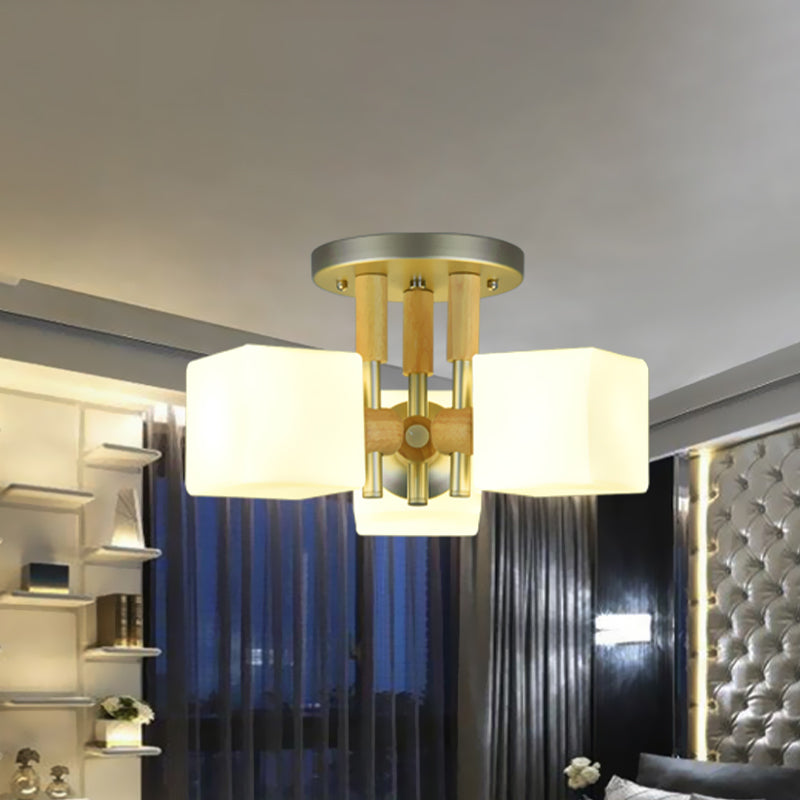 Modern Cube 3-Light Glass & Wood Ceiling Lamp