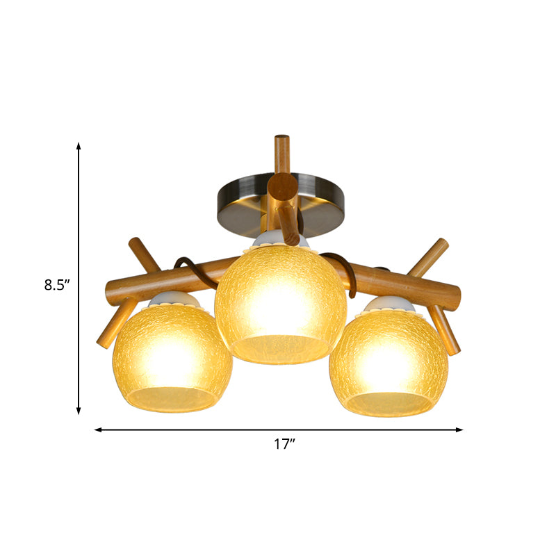 Modern Beige Glass Orb Semi Flush Mount Ceiling Light with Wood Branch Arm - 3 Heads