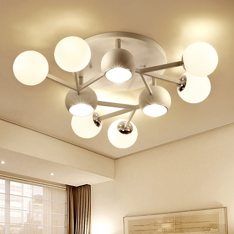 Contemporary Golf Ball Semi Flushmount Ceiling Lamp with White Glass - 9 Bulb Spiral Design