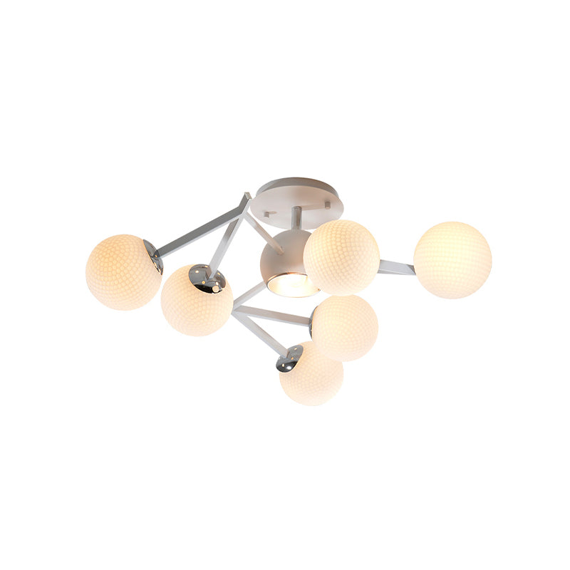 Contemporary Golf Ball 9 Bulb Semi Flush Ceiling Lamp With White Glass