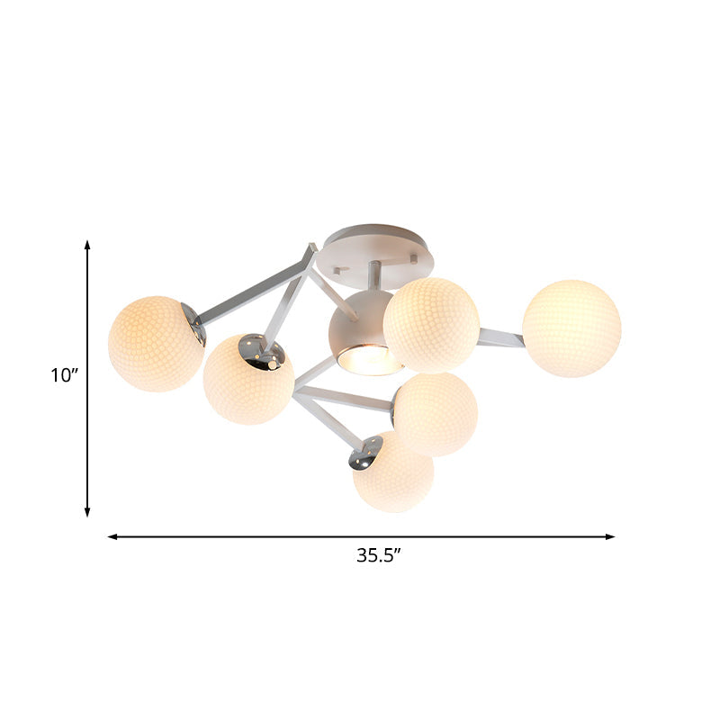 Contemporary Golf Ball Semi Flushmount Ceiling Lamp with White Glass - 9 Bulb Spiral Design