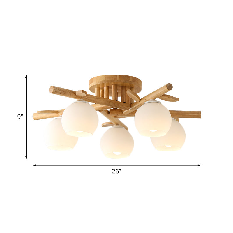 Modern Wood Branch Semi Flush Lighting - Beige Lamp with Milk White Glass Shade (3/5-Head)