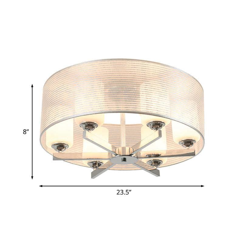 Minimalist White Glass Semi Flush Mount Drum Lighting with Chrome Finish - 6 Lights, Tube Shade