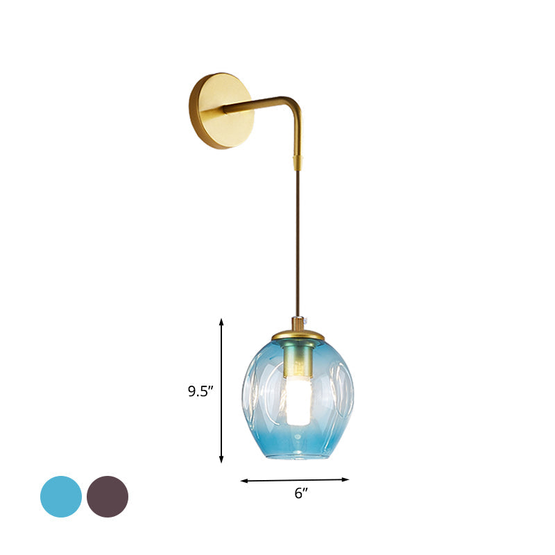 Gold Tulip Wall Lamp Sconce With Blue/Smoke Gray Dimpled Glass Shade - Modern 1 Light Hanging