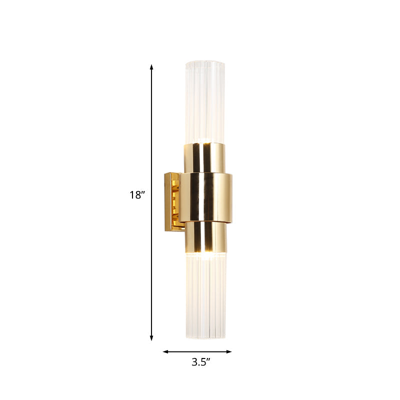 Modern 2-Headed Gold Wall Sconce With Clear Ribbed Glass For Bathroom