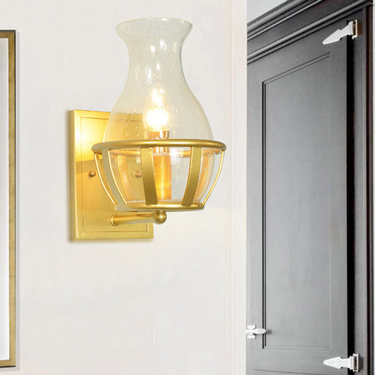 Postmodern Clear Glass Vase Sconce Light Fixture - Gold Wall Mounted Lamp With Basket Base