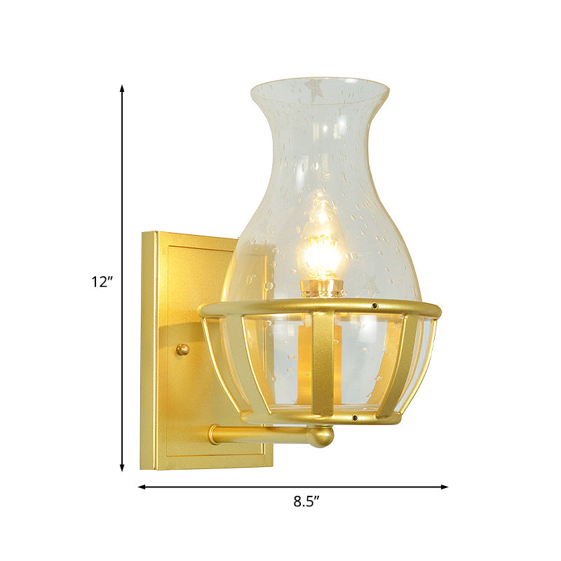 Postmodern Clear Glass Vase Sconce Light Fixture - Gold Wall Mounted Lamp With Basket Base